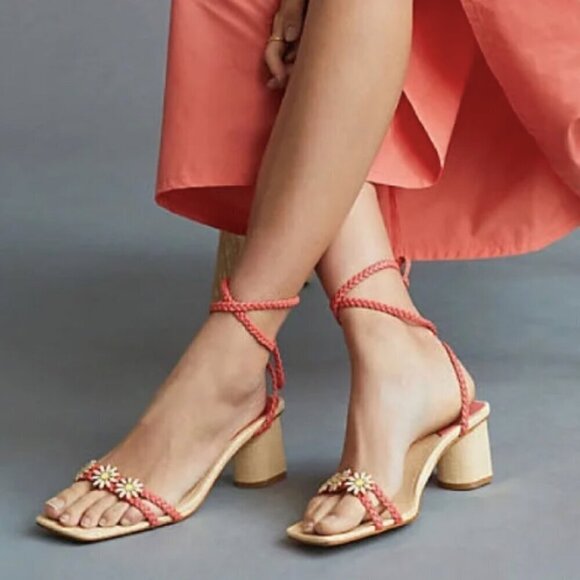 ANTHROPOLOGIE Schutz Hina Coral Daisy Strappy Square Toe Block Heel Sandals - Picture 1 of 5